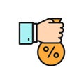 Fixed interest rate, hand with money bag flat color line icon.