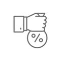 Fixed interest rate, hand with money bag line icon.