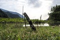 Fixed knife on grass. mountains behind blurred. Military. Outdoor. Azerbaijan Caucasus