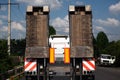 Fixed low loader trawl. Truck carries special equipment. Low loader trawl on the road. Freight transport. road machinery