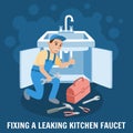 Fixing Leaking Kitchen Faucet. Vector Illustration