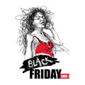 Vector chaos scribble girl in red tank top with Black Friday sale text isolated on white background. Poster with scribble girl. Royalty Free Stock Photo