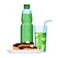 Fizzy drinks in bottle and cup with food vector illustration