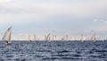 An FJ fleet of sailboats on their downwind leg, all wing-on-wing, competing in a collegiate sailing regatta Royalty Free Stock Photo