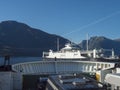 Fjaerland, Norway, September 8, 2019: View from a ferry boat over the Sognefjord and the boat deck and Gulen - Fjord1