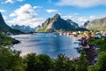 Fjord coast with sea and mountains near the town of Reine, Lofoten, Norway. Royalty Free Stock Photo