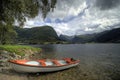 Fjord boat under tree Royalty Free Stock Photo