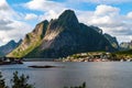 Fjord coast with sea and mountains near the town of Reine, Lofoten, Norway. Royalty Free Stock Photo