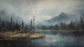 Gloomy Mountain Landscape Painting With Trees And Lake