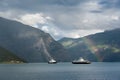 Fjord ferries and rainbow landscape. Royalty Free Stock Photo