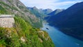 Fjord Geirangerfjord with ferry boat, Norway