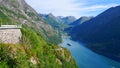 Fjord Geirangerfjord with ferry boat, Norway