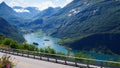 Fjord Geirangerfjord with ferry boat, Norway Royalty Free Stock Photo