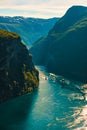 Fjord Geirangerfjord with ferry boat, Norway Royalty Free Stock Photo