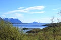 Fjord landscape from Austnesfjorden rest area on Sildpollen bay, Lofoten islands Austvagoya, Norway