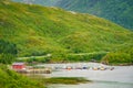 Fjord landscape with fishing boats in port Royalty Free Stock Photo