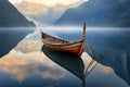 Fjord landscape with wooden boat and reflection in water, Norway Royalty Free Stock Photo