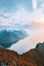 Fjord and mountains landscape in Norway Senja island aerial view travel beautiful destinations sunset scenery Royalty Free Stock Photo