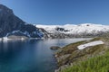 Fjord with snow in summer in norway