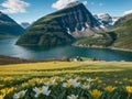 Fjord during spring with bed of spring flowers - AI Generated