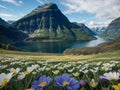 Fjord during spring with bed of spring flowers - AI Generated