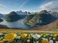 Fjord during spring with bed of spring flowers - AI Generated