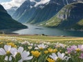 Fjord during spring with bed of spring flowers - AI Generated