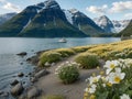 Fjord during spring with bed of spring flowers - AI Generated