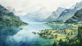 Fjord Of Switzerland Watercolor Illustration