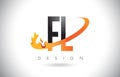 FL F L Letter Logo with Fire Flames Design and Orange Swoosh.