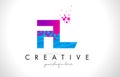 FL F L Letter Logo with Shattered Broken Blue Pink Texture Design Vector.