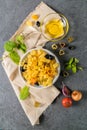 The set of ingredients for pasta preparing with olive oil , onion, tomato, garlic and spices Royalty Free Stock Photo