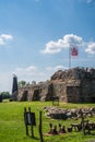 Flag above ruins of Wenecja castle in Poland