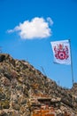 Flag above ruins of Wenecja castle in Poland