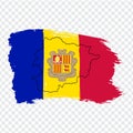 Flag of Andorra from brush strokes and Blank map Andorra. High quality map Principality of Andorra and flag on transparent backgro