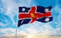 flag of Anglican Church of Australia , Australia at cloudy sky background on sunset, panoramic view. Australian travel and patriot