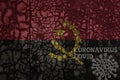 Flag of angola on a old metal rusty cracked wall with text coronavirus, covid, and virus picture Royalty Free Stock Photo