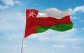 flag of Arab peoples Omanis at cloudy sky background, panoramic view.flag representing ethnic group or culture, regional Royalty Free Stock Photo