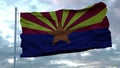 Flag of Arizona waving in the wind against deep beautiful clouds sky. 3d rendering Royalty Free Stock Photo