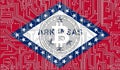 flag of Arkansas state of USA and bitcoin, Integrated Circuit Board pattern. Bitcoin Stock Growth. Conceptual image for investors