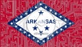 flag of Arkansas, USA and ethereum coin, Integrated Circuit Board pattern. Ethereum Stock Growth. Conceptual image for investors