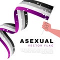 The flag of asexual pride in the hand of a man. Lack of sexual orientation. Sexual identification. A colorful logo of one of the