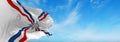 flag of the Assyrians waving in wind at cloudy sky. love holy spirit faith, people hope in easter, religion concept. Copy space
