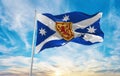 flag of Australian Scottish heritage , Australia at cloudy sky background on sunset, panoramic view. Australian travel and patriot Royalty Free Stock Photo