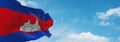 flag of Austroasiatic peoples Cambodians Khmer people at cloudy sky background, panoramic view.flag representing ethnic group or