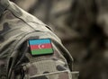 Flag of Azerbaijan on military uniform. Azerbaijani army, armed forces, soldiers. Collage