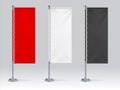 Flag banner mockup. Realistic blank hanging advertising cloth, white red and black fabric outdoor exhibition stand. 3D Royalty Free Stock Photo