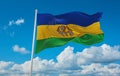 flag of Bantu peoples Ndebele people at cloudy sky background, panoramic view. flag representing ethnic group or culture, regional