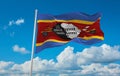 flag of Bantu peoples Swazi people at cloudy sky background, panoramic view. flag representing ethnic group or culture, regional