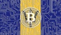 flag of Barbados and bitcoin, Integrated Circuit Board pattern. Bitcoin Stock Growth. Conceptual image for investors in